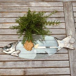 Elegant fiskefad i glas og metal